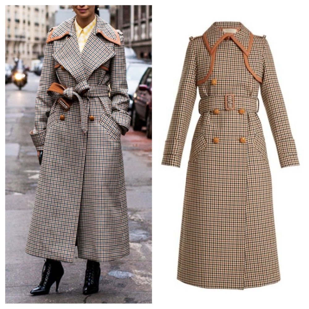 Nina Ricci Trench Coat Heritage Checkered Printed Wool Leather Trim Belted 42